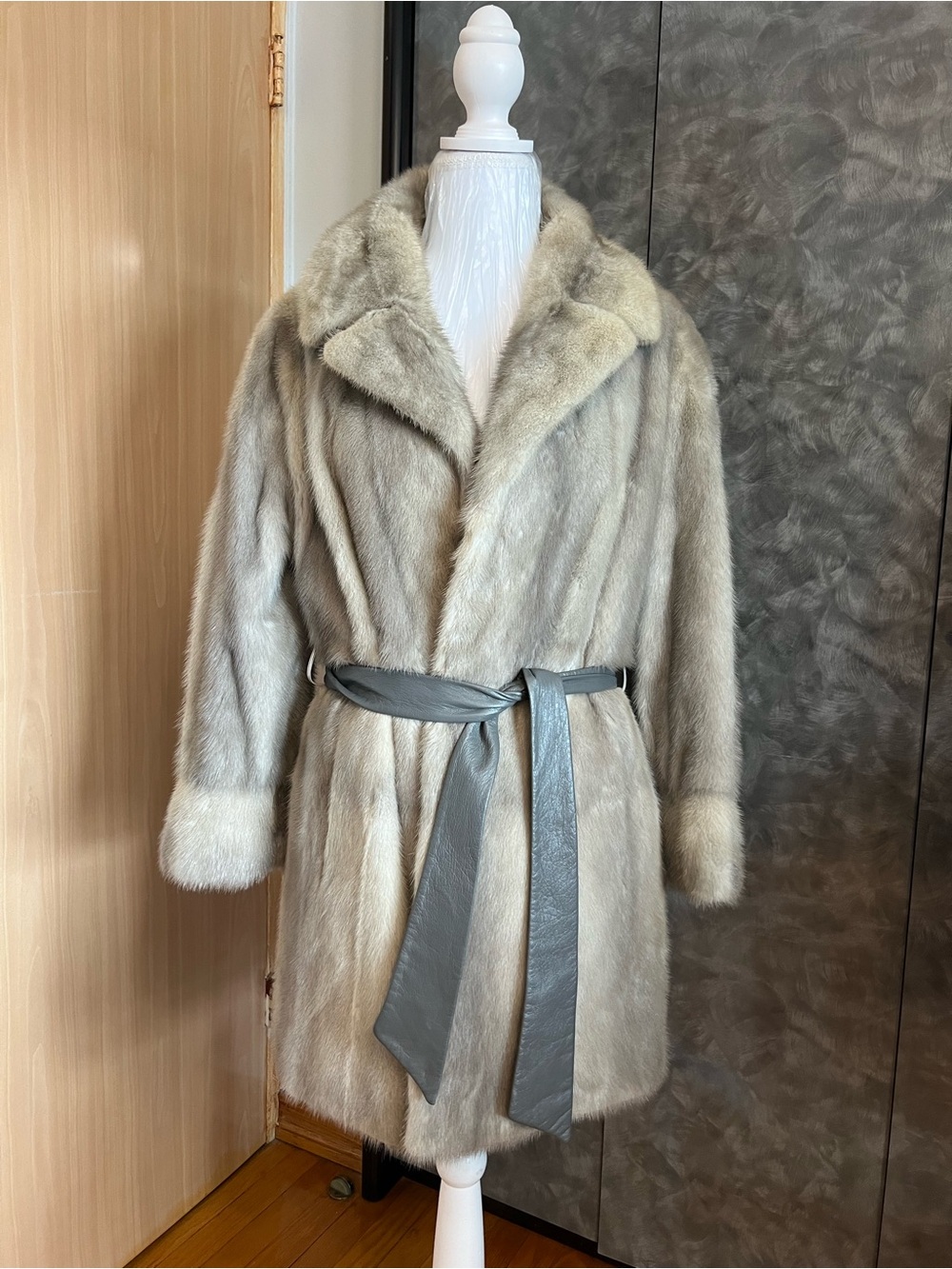 Luxurious Gray Mink Fur Belted Coat - Women's